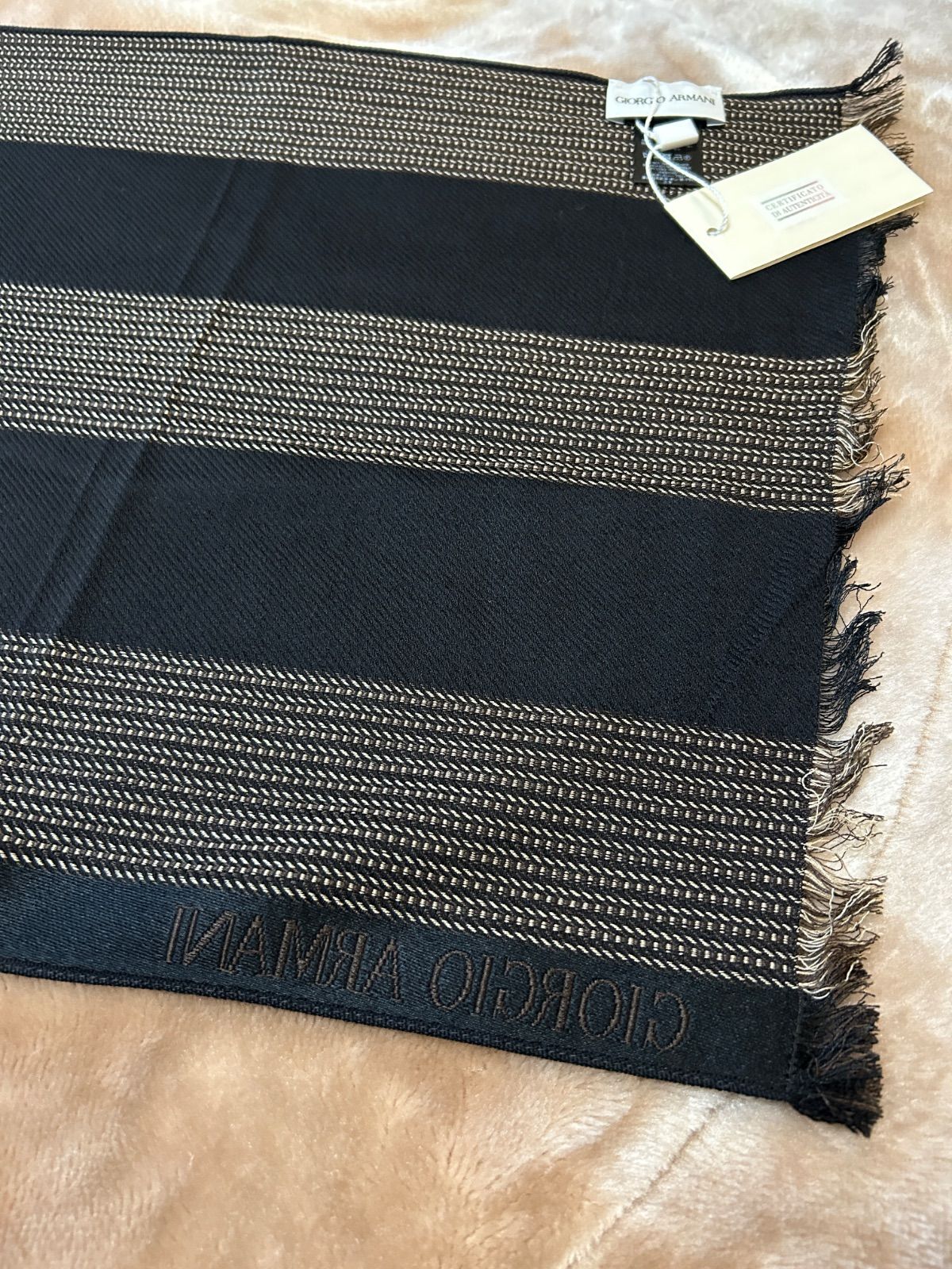 ♥タグ付きジョルジオアルマーニメンズマフラーストールショールスカーフ男性用紳士ウール毛シルク絹ブラウン茶色系黒色系ストライプ