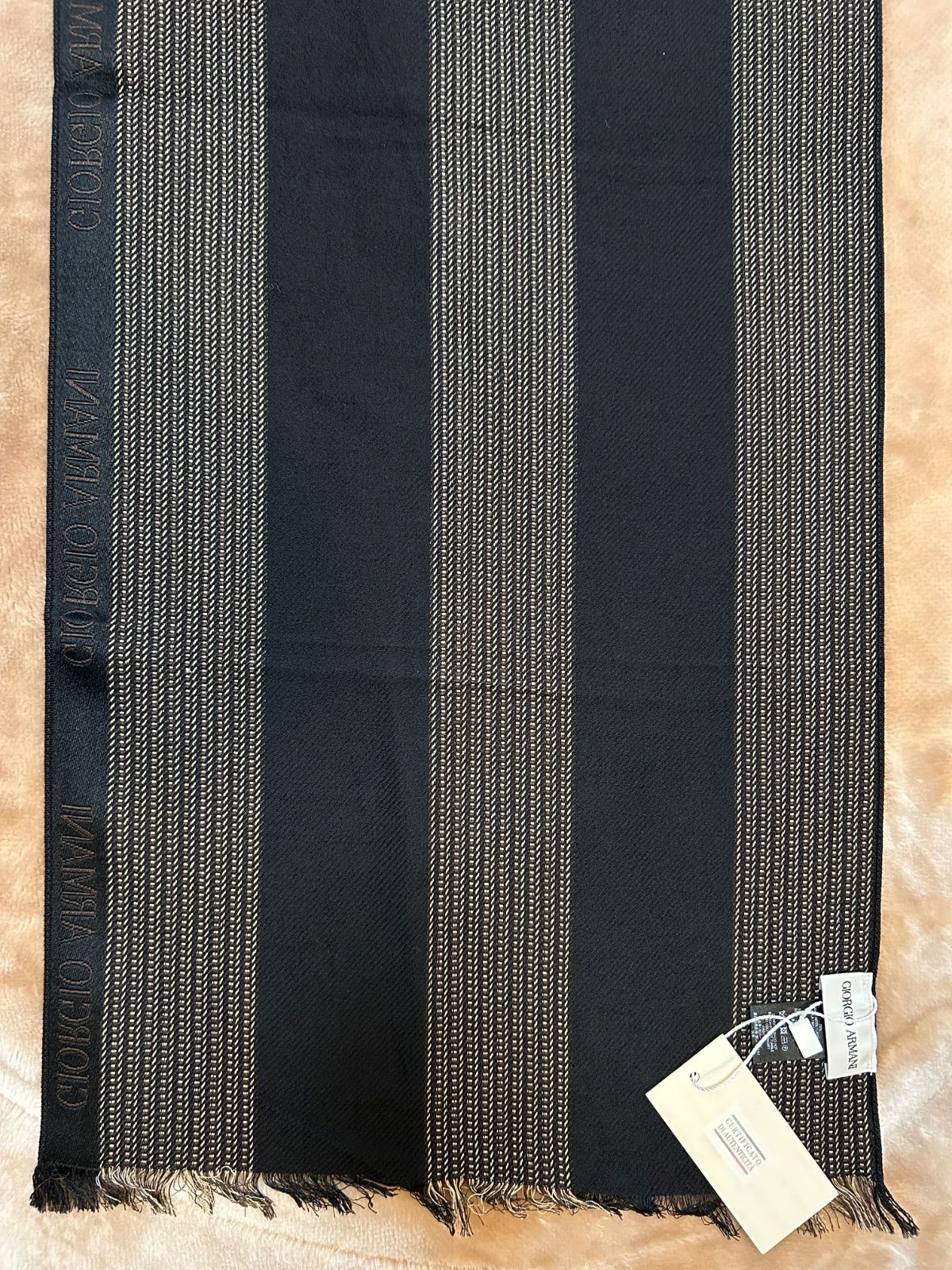 ♥タグ付きジョルジオアルマーニメンズマフラーストールショールスカーフ男性用紳士ウール毛シルク絹ブラウン茶色系黒色系ストライプ