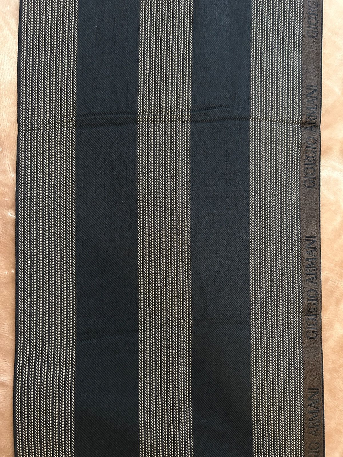 ♥タグ付きジョルジオアルマーニメンズマフラーストールショールスカーフ男性用紳士ウール毛シルク絹ブラウン茶色系黒色系ストライプ