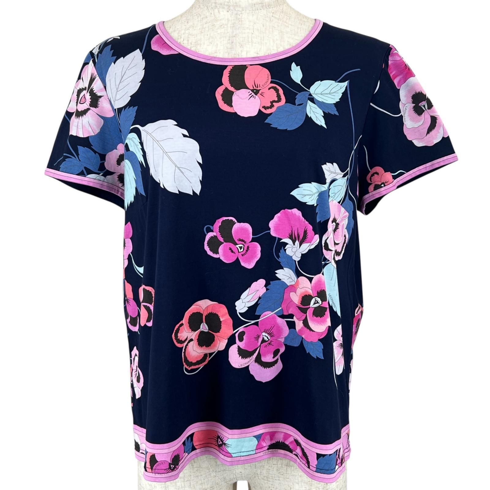 ▲LEONARD FASHION レオナール ファッション 399626 コットン100％ 花柄 半袖Ｔシャツ ネイビー 44 日本製 正規品 レディース