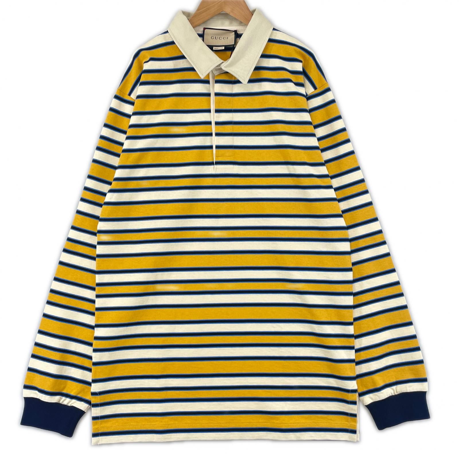 ♥品▲GUCCI グッチ 23AW 758531 コットン100％ バックロゴデザイン ボーダー 長袖ポロシャツ マルチカラー L イタリア製 正規品 メンズ