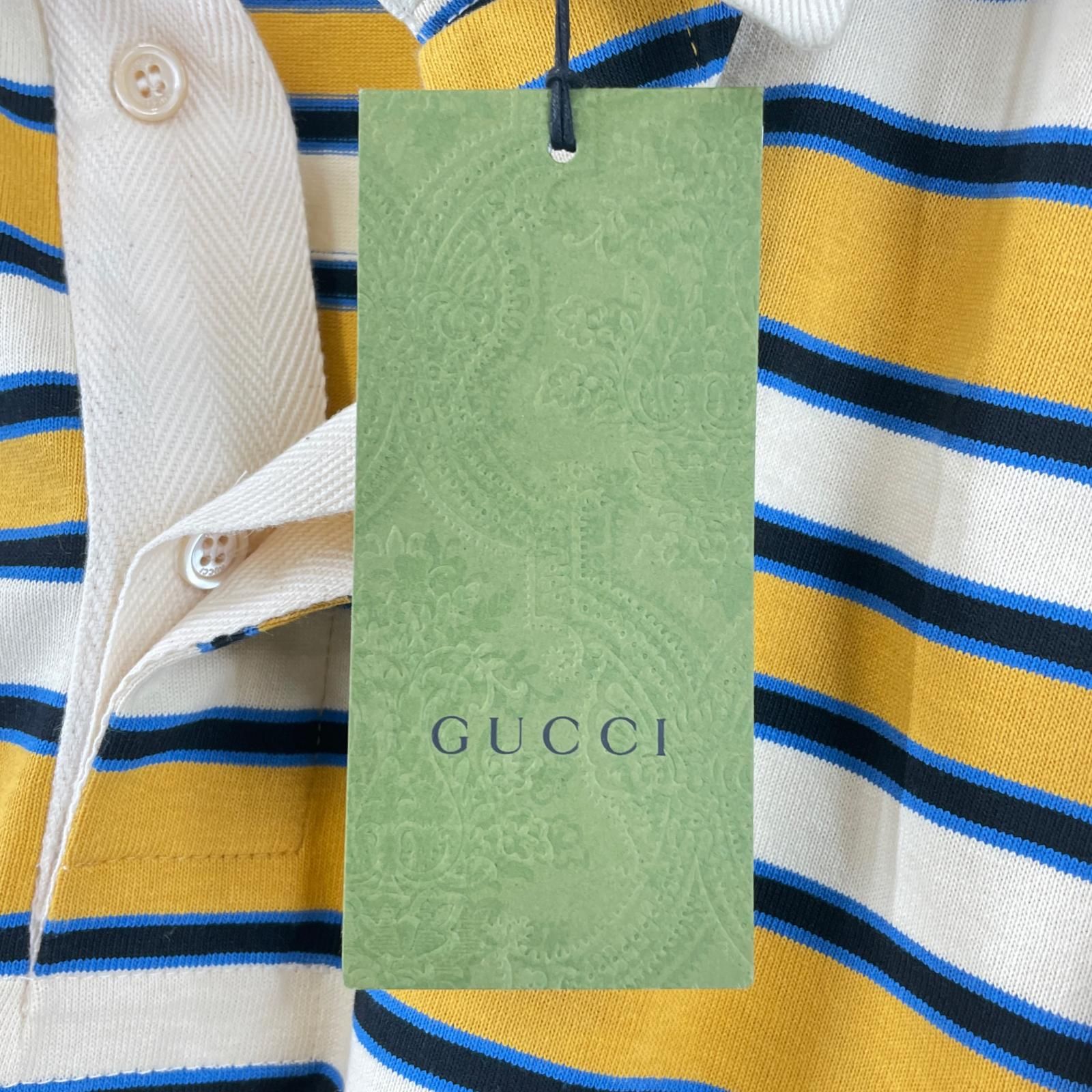 ♥品▲GUCCI グッチ 23 AW 758531 コットン100% バックロゴデザイン ボーダー 長袖ポロシャツ マルチカラー L イタリア製 メンズ