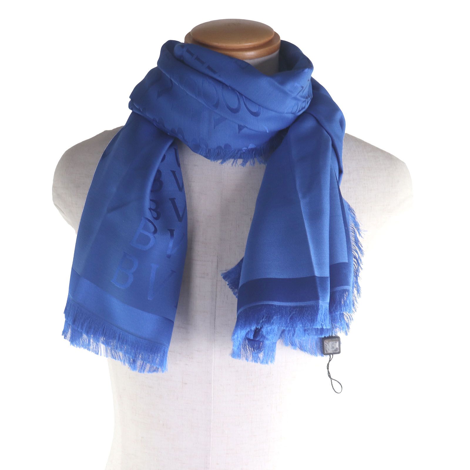♥品□BVLGARI ブルガリ シルク ウール ロゴ総柄 フリンジ 大判ショール スカーフ ストール ネイビー き イタリア製 メンズ