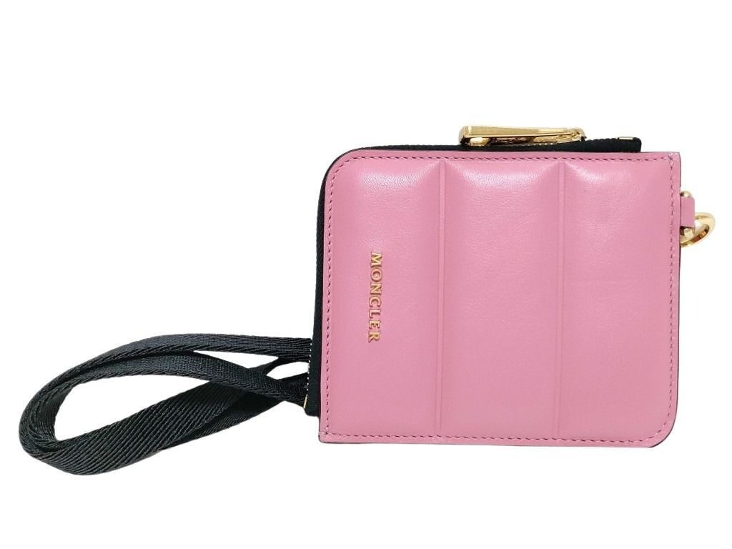 MONCLER モンクレール コインケース フラット ウォレット スモール ピンク レザー レディース L字ファスナー ロゴ ショルダーウォレット ゴールド金具