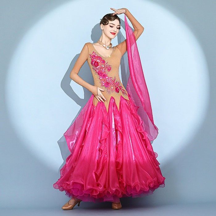 社交ダンスドレス フロート 上品 フリル モダンドレス ラインストーン ビジュー 社交ダンス衣装 長袖 大きい裾 モダン スタンダード ワルツ レディース ワンピース イベント パーティー 発表会 競技用 コンクール 練習着