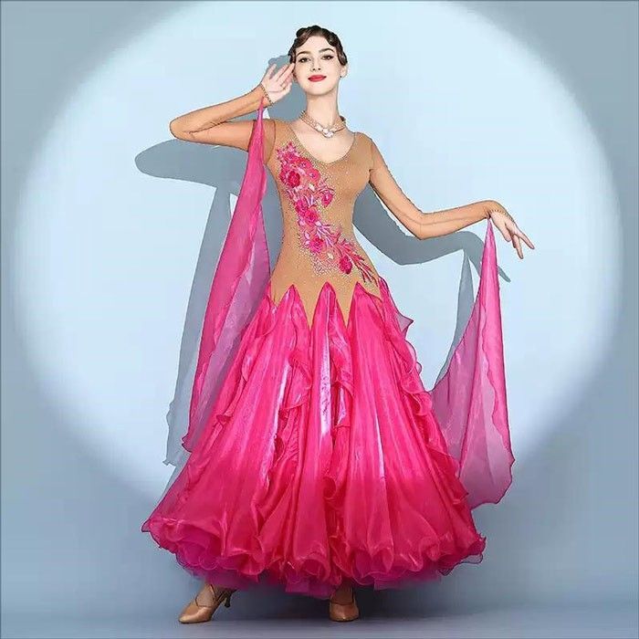 社交ダンスドレス フロート 上品 フリル モダンドレス ラインストーン ビジュー 社交ダンス衣装 長袖 大きい裾 モダン スタンダード ワルツ レディース ワンピース イベント パーティー 発表会 競技用 コンクール 練習着 LLC-HASEGAWATOSO_COM