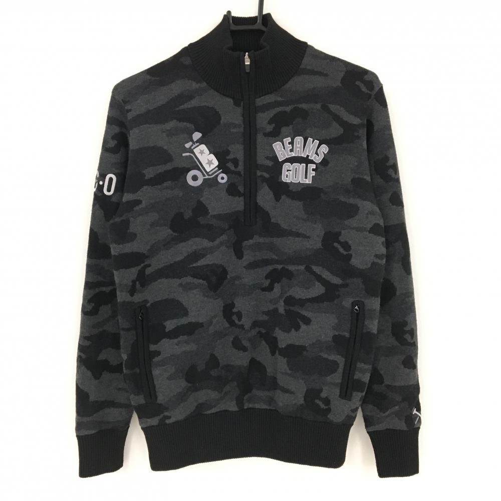 ビームスゴルフ ハイネックセーター グレー×黒 迷彩 カモフラ ハーフジップ ウール混 裏地付 メンズ S ゴルフウェア BEAMS GOLF