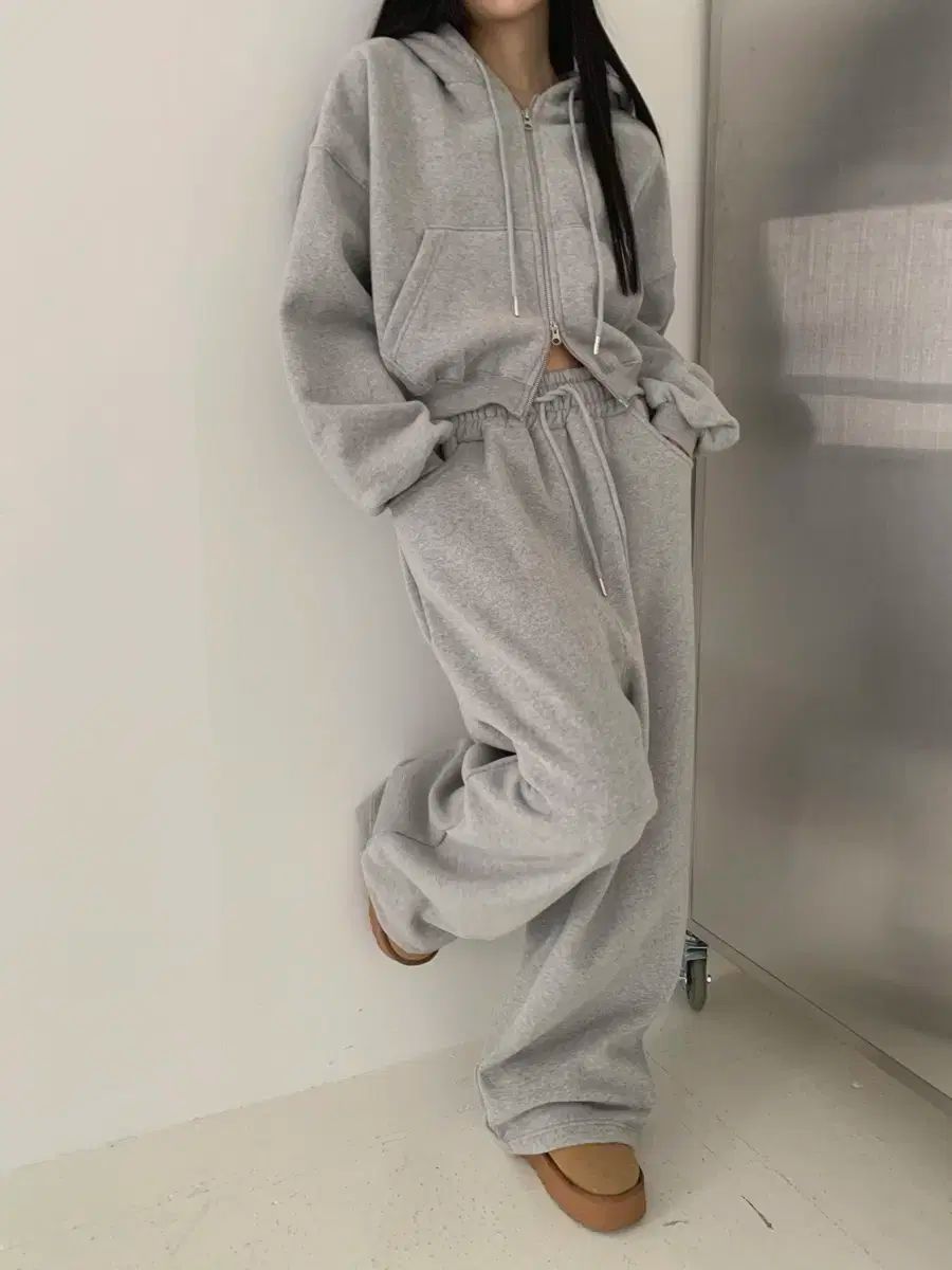 両面起毛 フードジップアップ ワイド トレーナー セット グレー