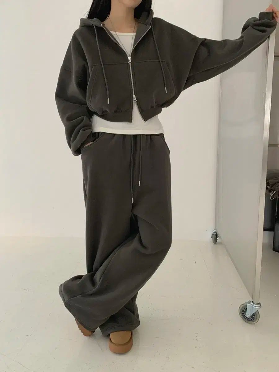 両面起毛 フードジップアップ ワイド トレーナー セット ダークグレー