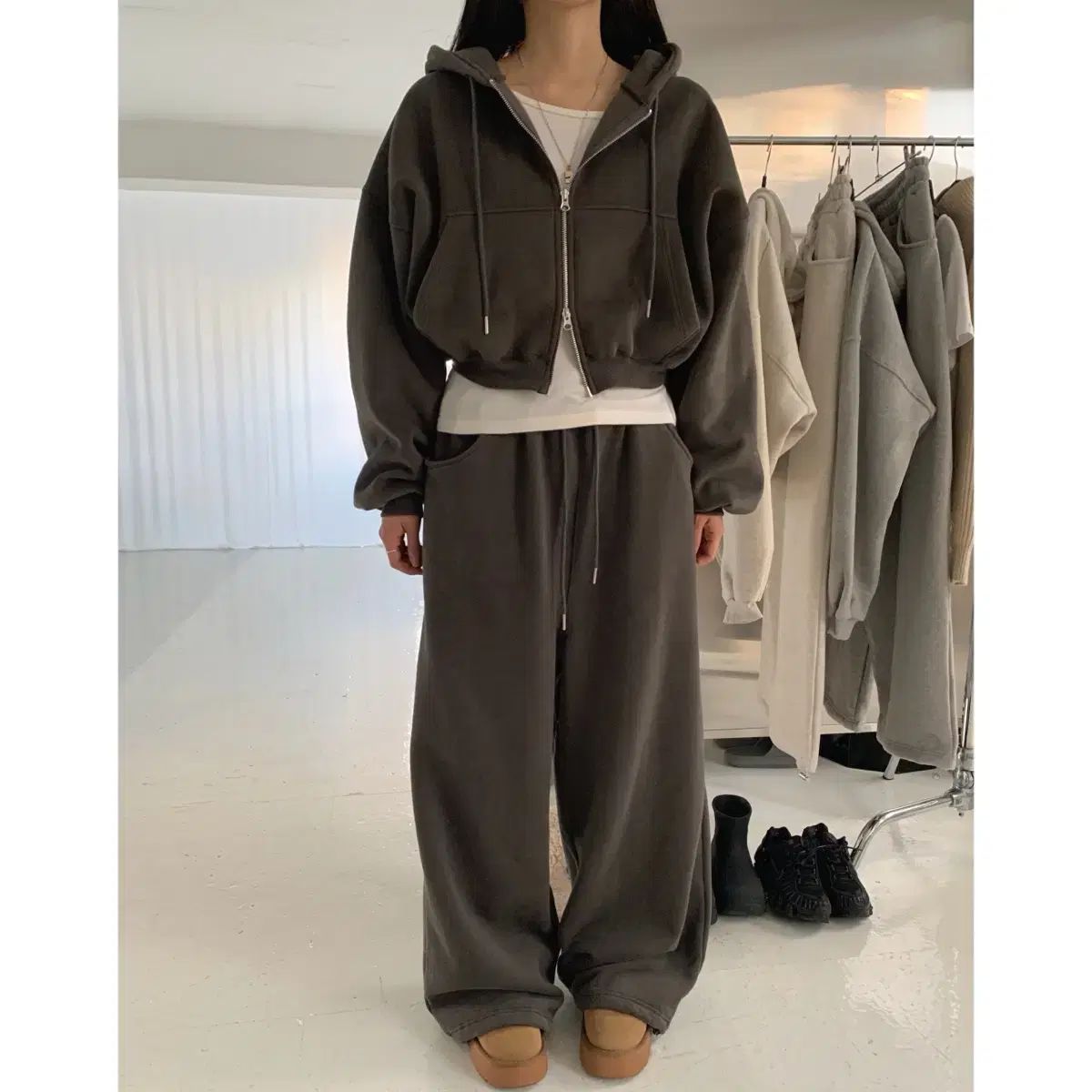 両面起毛 フードジップアップ ワイド トレーナー セット ダークグレー