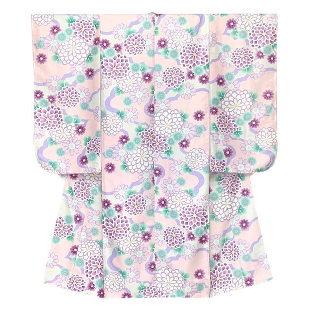 七五三 7歳 女の子用 四つ身の着物と結び帯 他 コーディネート フルセット スキンピンクｘ紫 雲に菊 OYM-A807f22607GM