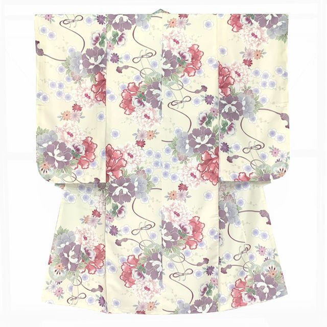 七五三 着物 女の子 セット 総柄の女の子用 子供着物 結び帯コーデセット 合繊 クリーム ピンク牡丹 T7K-2548d106KFM