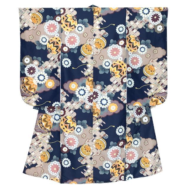 七五三 7歳 女の子用 小紋柄 四つ身の着物と結び帯 他 フルセット 紺地 雲どりに鞠 菊 T7K-2550i34769KSZ