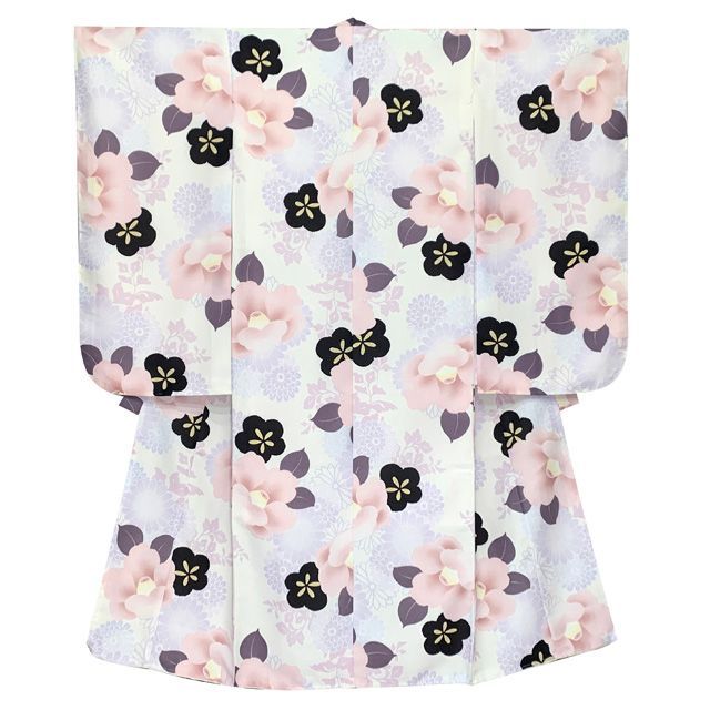 七五三 着物 女の子 セット 総柄の女の子用 子供着物 結び帯コーデセット 合繊 生成り系 ピンク椿 紫菊 T 7 K 2551 d 106 MM