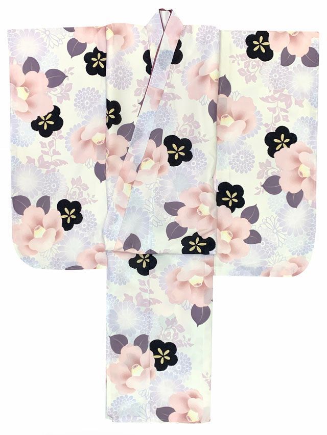 七五三 着物 女の子 セット 総柄の女の子用 子供着物 結び帯コーデセット 合繊 生成り系 ピンク椿 紫菊 T 7 K 2551 d 106 MM