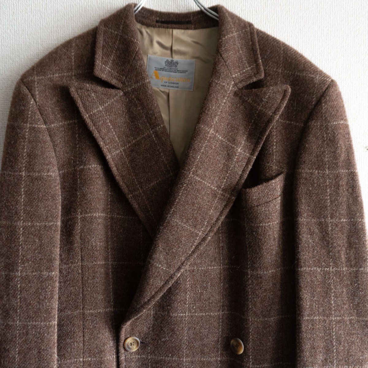 80s～90s AQUASCUTUM ツイード ダブル コート REG 38 イングランド製 アクアスキュータム 25110087