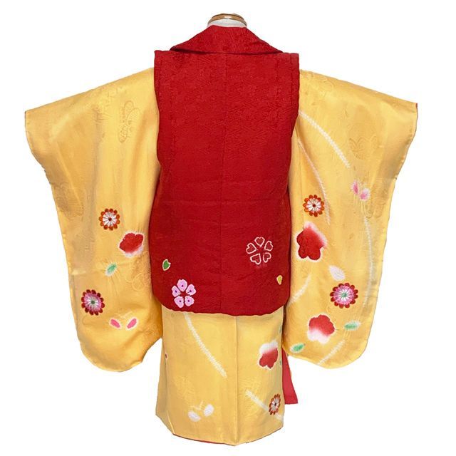七五三 着物 3歳 正絹 フルセット 女の子 本絞り 絵羽柄の着物 被布セット 赤ｘ黄色 梅 OK3K2382-t894set WWW_OPDRERGINERDOGAN_COM