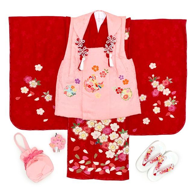 七五三 着物 3歳 正絹 フルセット 女の子 友禅 絵羽柄の着物 被布セット ピンクｘ赤 鞠と桜 OK3K2387-w-pset WWW_OPDRERGINERDOGAN_COM