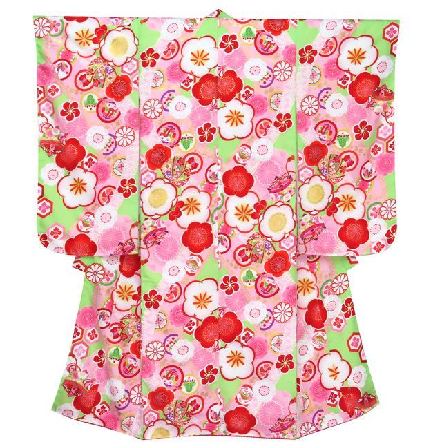 七五三 着物 7歳 フルセット 式部浪漫 ブランド 小紋柄の着物 結び帯セット 合繊 黄緑 梅 SR7pk-1906d102HH