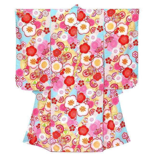 七五三 着物 7歳 フルセット 式部浪漫 ブランド 小紋柄の着物 結び帯セット 合繊 水色 梅 SR7pk-1907d102LL