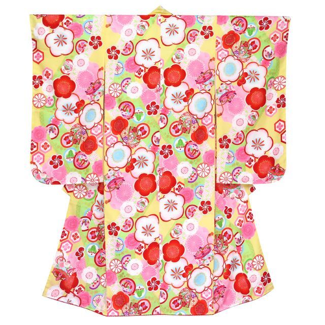七五三 着物 7歳 式部浪漫 ブランド 総柄の着物 合繊 結び帯ほか コーディネートフルセット 黄色 梅 SR7pk-1908f25395ZZ