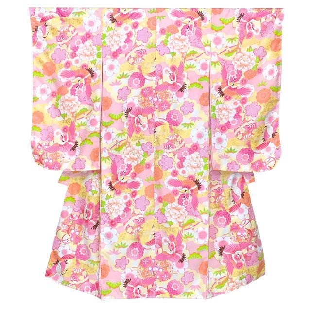 七五三 着物 7歳 フルセット 式部浪漫 ブランド 小紋柄の着物 結び帯セット 合繊 ピンク 鶴と鞠 雲 SR7pk-2108d105HH