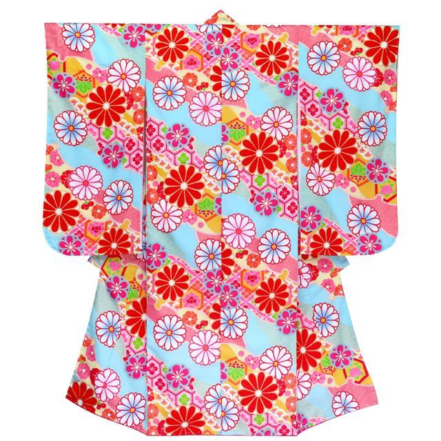 七五三 着物 7歳 式部浪漫 ブランド 総柄の着物 合繊 結び帯ほか コーディネートフルセット 水色 菊 SR7pk-1910f25395KAH