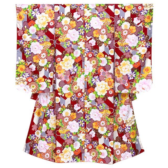 七五三 着物 7歳 フルセット 式部浪漫 ブランド 小紋柄の着物 結び帯セット 合繊 赤ｘグレー 菊と矢羽 SR7pk-2107d105YH