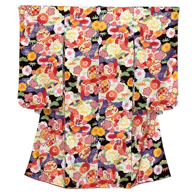 七五三 着物 7歳 式部浪漫 ブランド 総柄の着物 合繊 結び帯ほか コーディネートフルセット 焦げ茶 鶴と鞠 雲 SRpk-2199f25395YY