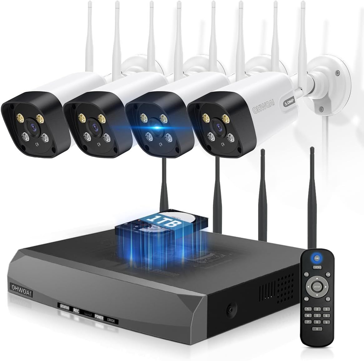 双方向通話 ダブルアンテナ OHWOAI 防犯カメラセット 4台 屋外用 ワイヤレス 広角レンズ 無線接続 電源スイッチ付 家庭用 監視カメラ 500万画素 カメラ4台 1 TBハードディスク内蔵