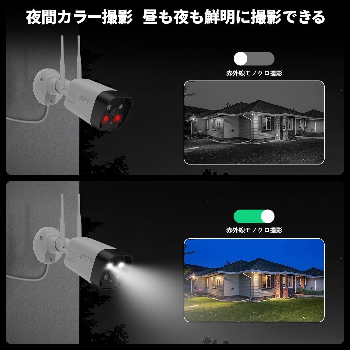 双方向通話 ダブルアンテナ OHWOAI 防犯カメラセット 4台 屋外用 ワイヤレス 広角レンズ 無線接続 電源スイッチ付 家庭用 監視カメラ 500万画素 カメラ4台 1TBハードディスク内蔵