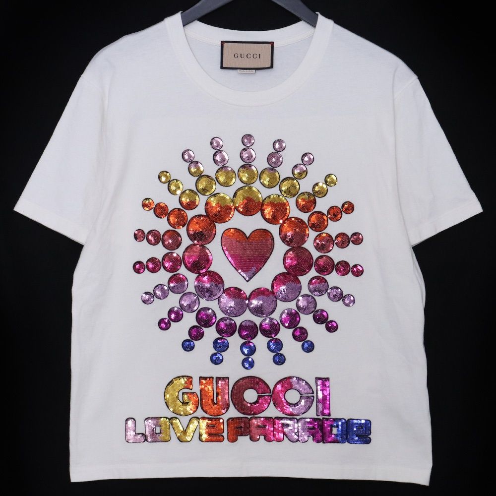 GUCCI スパンコール コットン Tシャツ XXSサイズ ホワイト 615044 XJEN4