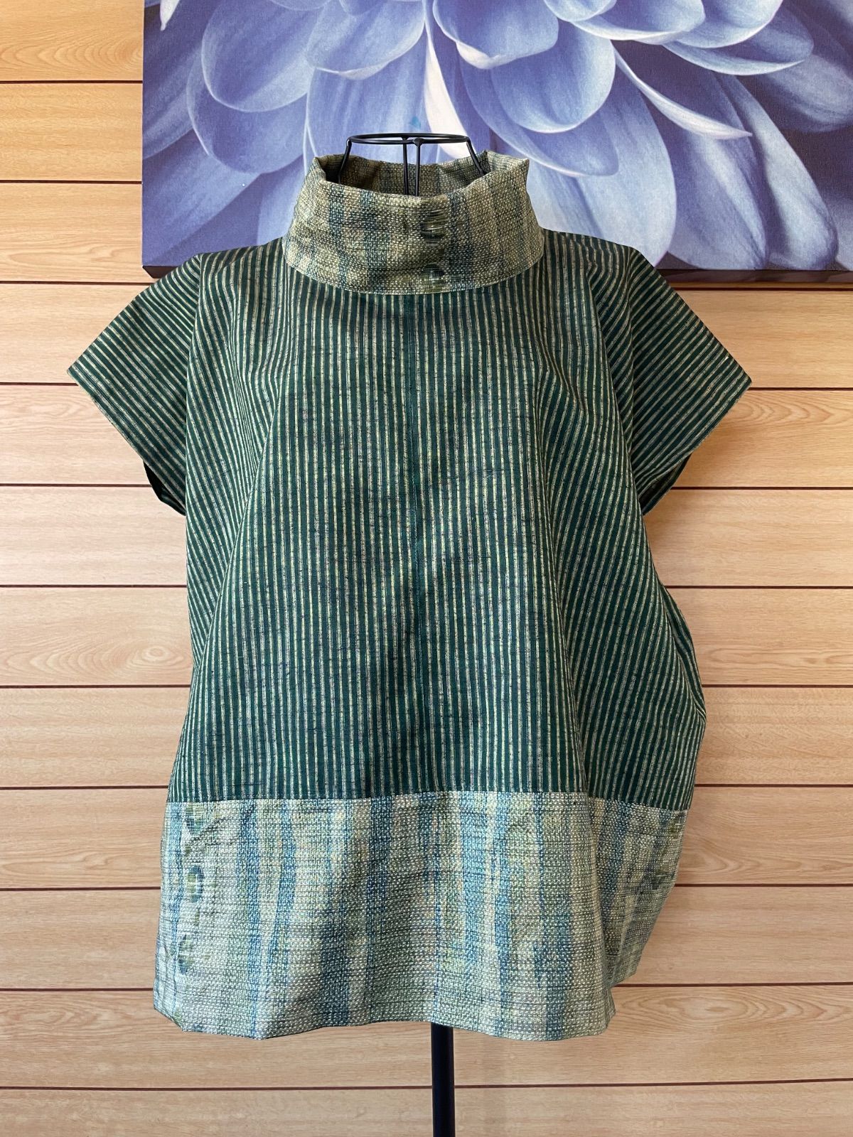 桜*丸様 着物リメイク リメイク紬ブラウス 古布リメイク 紬2種（大島紬