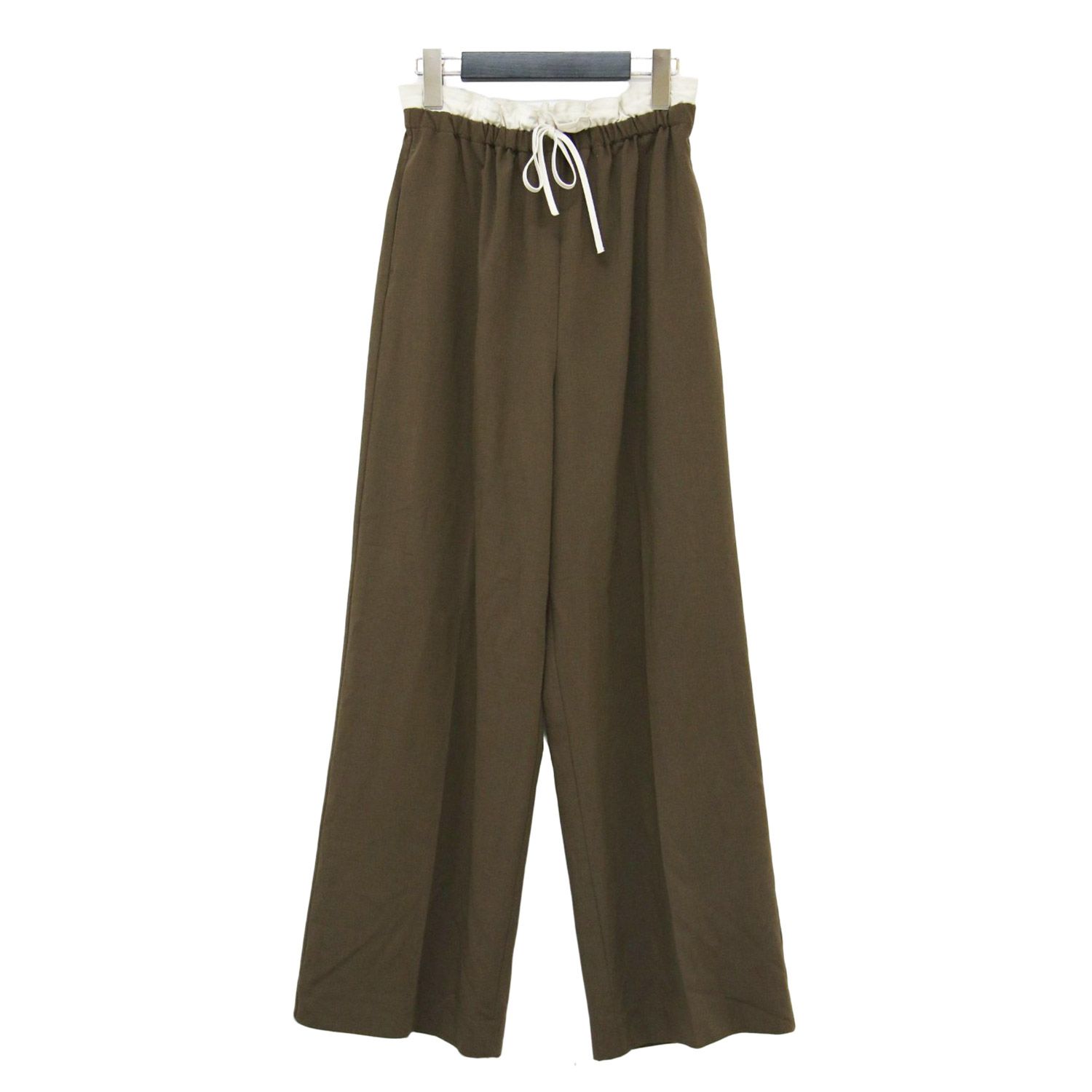 SHENERY シーナリー パンツ ブラウン×ホワイト サイズ 36 S 24秋冬 ウエストデザイン センタープレス イージーパンツ ワイド ウエストゴム ドロスト ボトムス ズボン レディース