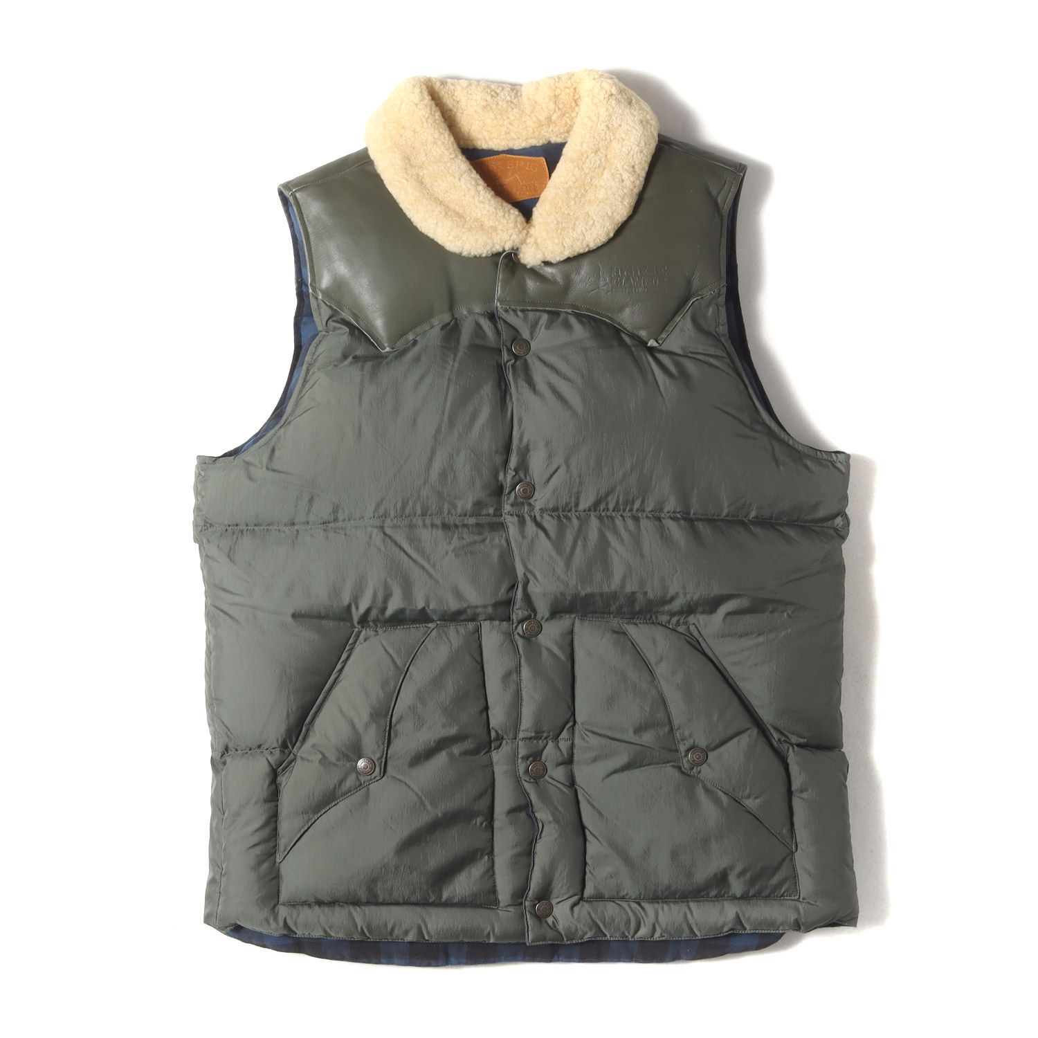 HYSTERIC GLAMOUR ヒステリックグラマー ベスト カーキ ブルーチェック サイズ L | 襟ムートン カウレザー ヨーク ナイロン ダウンベスト | 0294AV03 | アウター ジャケット 上着 メンズ