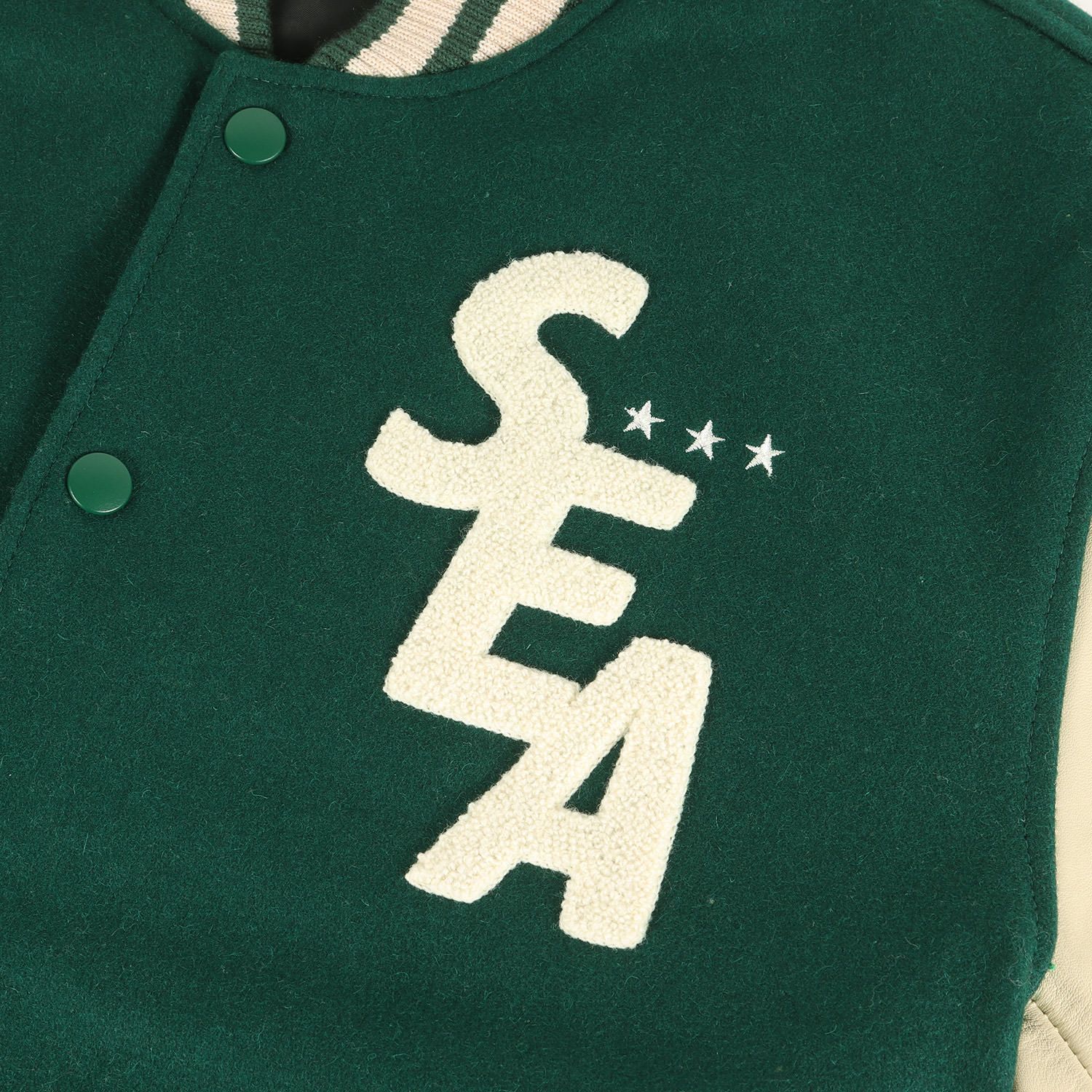 WIND AND SEA ウィンダンシー ジャケット グリーン サイズ M | 3周年記念 サガラワッペン 袖レザー メルトンウール スタジャン BEYOUTH Varsity Jacket | アウター ブルゾン メンズ KANDAIZUMI_COM