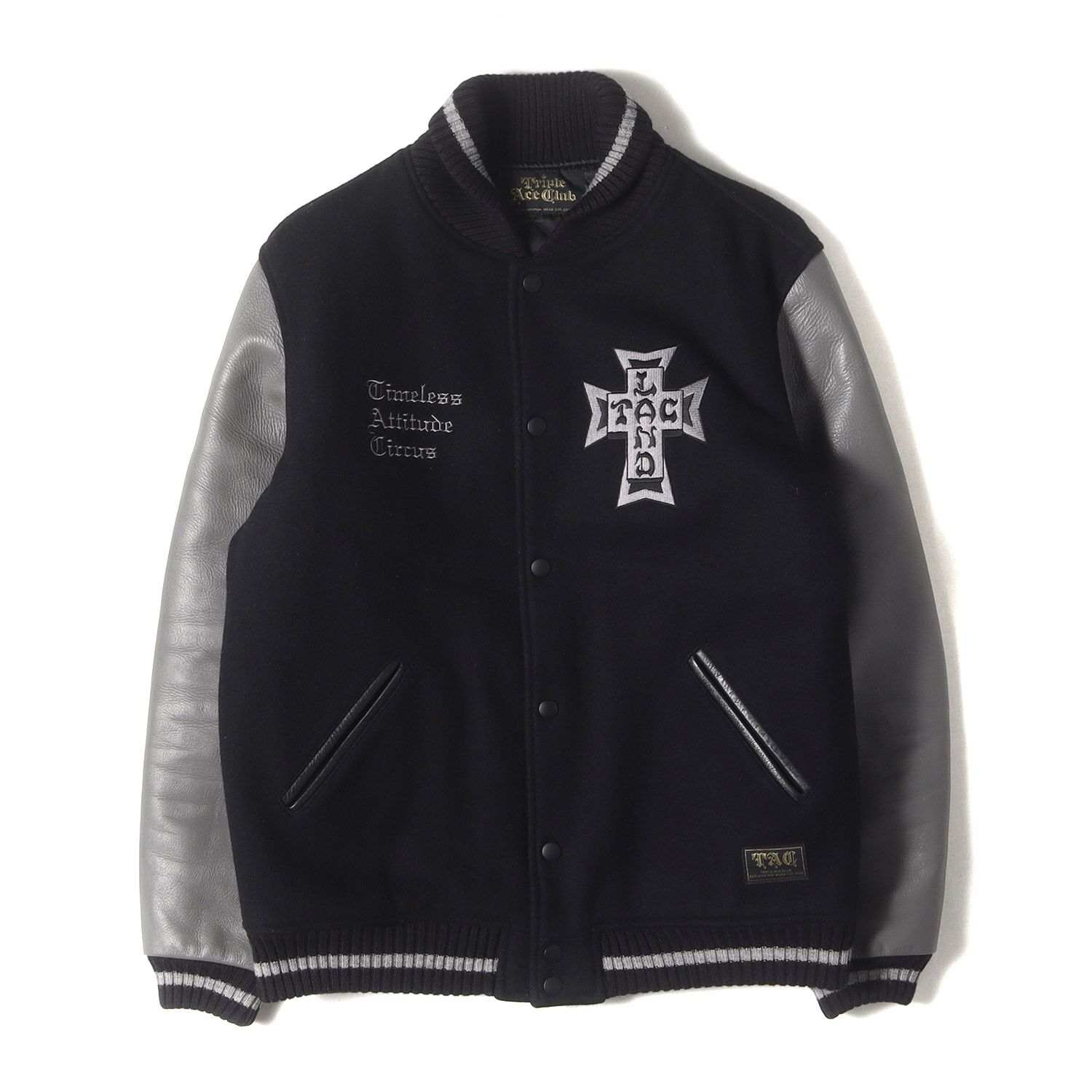 TRIPLE ACE CLUB トリプルエースクラブ ジャケット ブラック×グレー サイズ M | クロスロゴ 袖レザー メルトン スタジャン | アウター ブルゾン ジャンパー 上着 メンズ