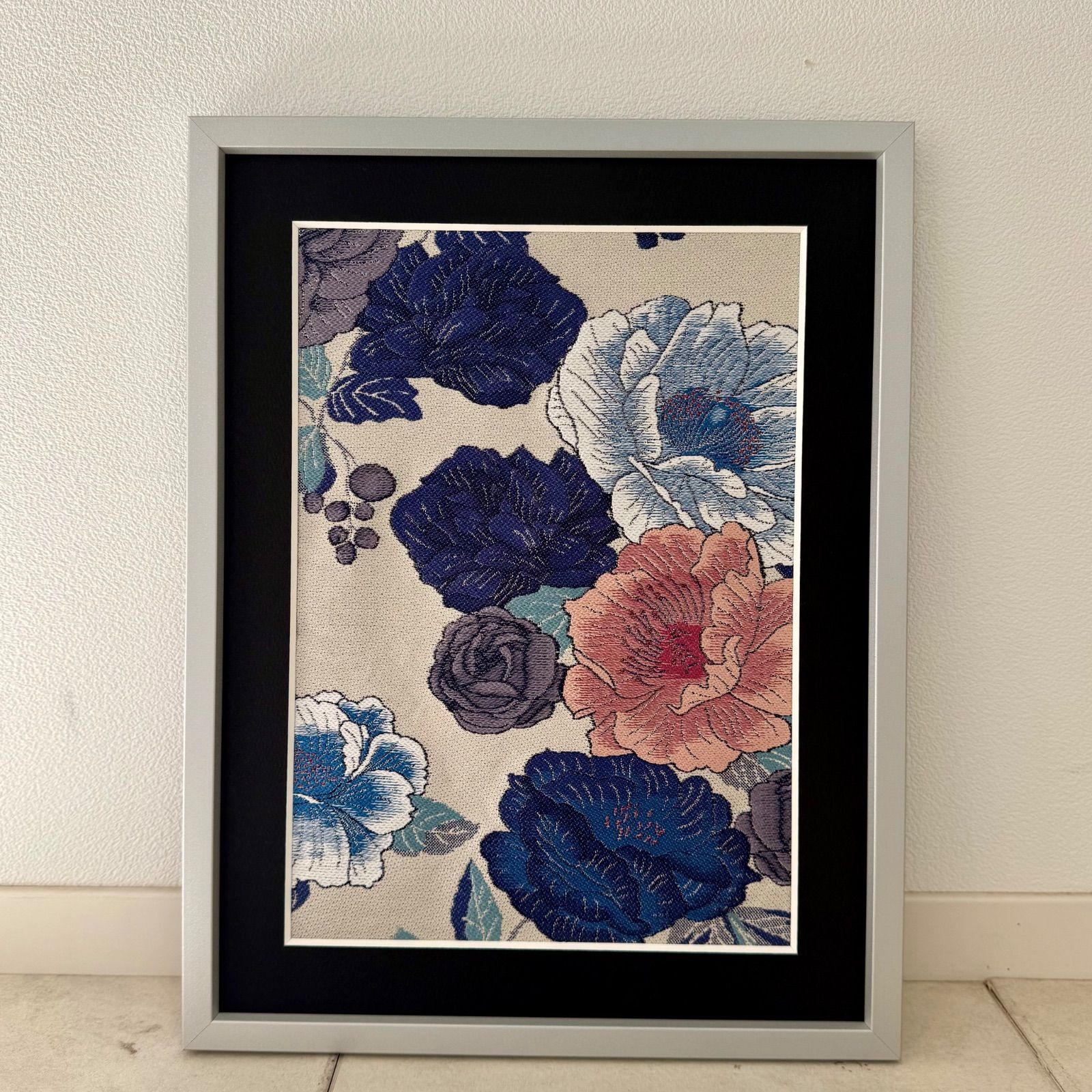 京都帯屋さん フレーム入りシルク織物アート 青花