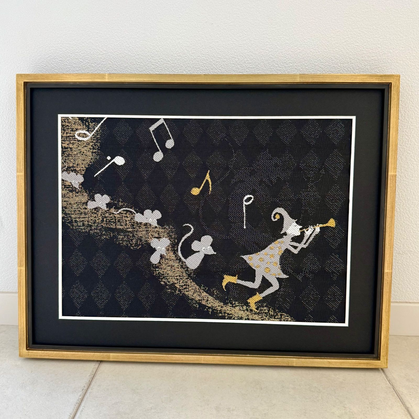 京都帯屋さん フレーム入りシルク織物アート 笛吹ピエロ