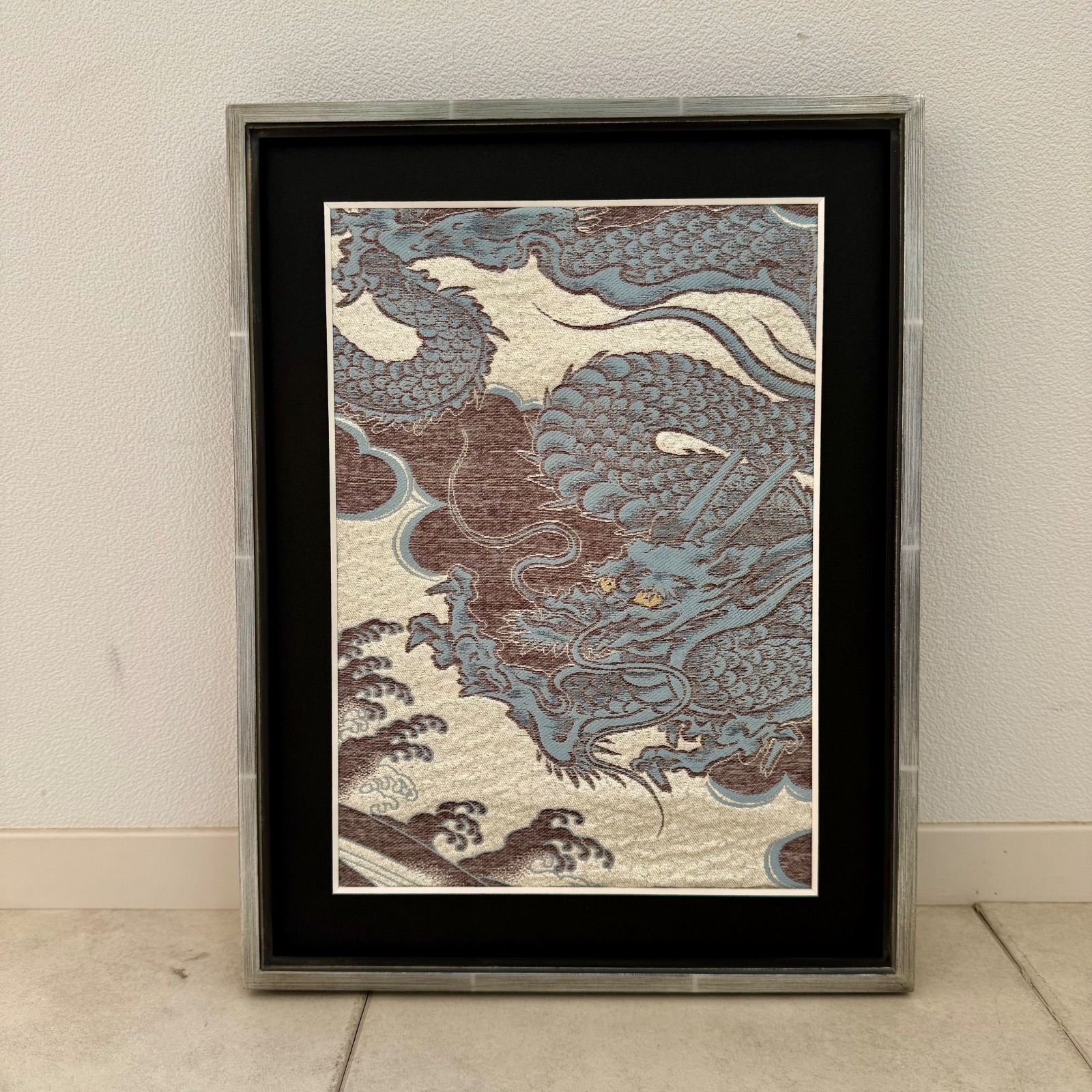 京都帯屋さん フレーム入りシルク織物アート 昇り雲龍 ウスブルー