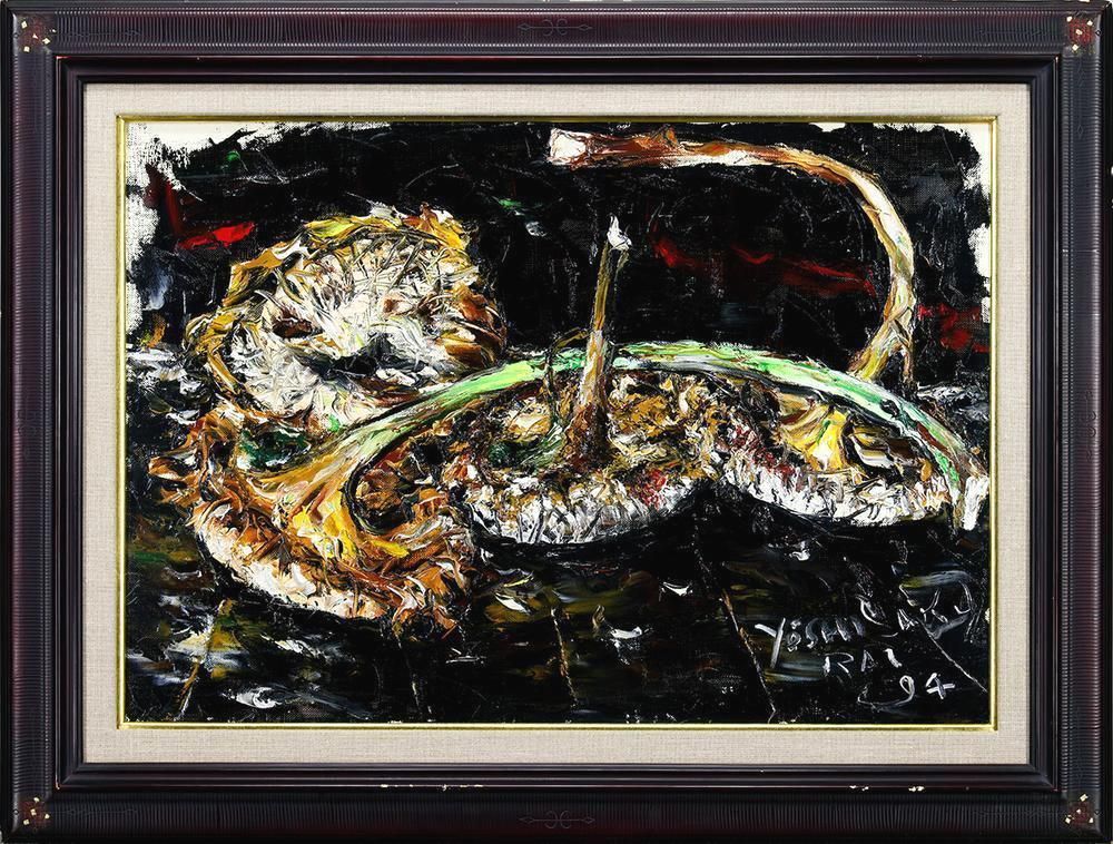 真作】【WISH】櫻井陽司「ひまわりの実」油彩 15号 大作 1994年作