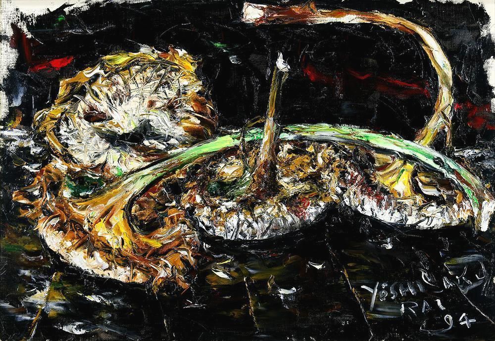 真作】【WISH】櫻井陽司「ひまわりの実」油彩 15号 大作 1994年作