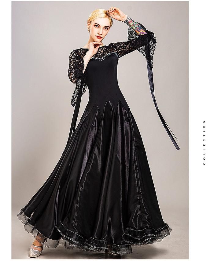 社交ダンスドレス フロート 上品 高品質 社交ダンス ドレス 長袖 スタンダード 社交ダンス衣装 モダンワンピース 黒 広がる裾 ワンピース スタンダードドレス レッスン着 発表会 競技着 練習着