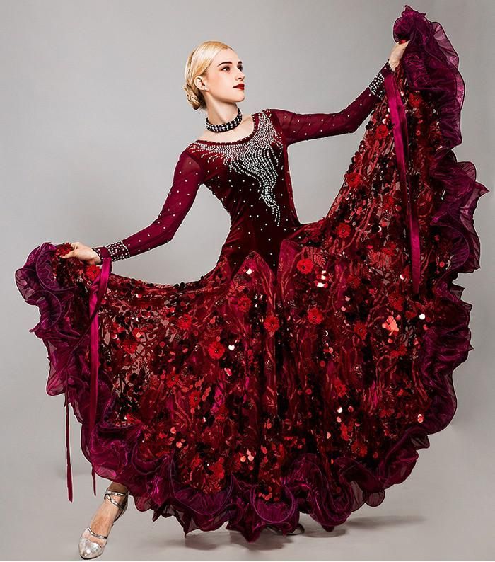 社交ダンスドレス フロート 上品 長袖 スタンダード 社交ダンス衣装 モダンワンピース 広がる裾 ワンピース スタンダードドレス レッスン着 発表会 競技着 練習着 演出用 LLC-HASEGAWATOSO_COM