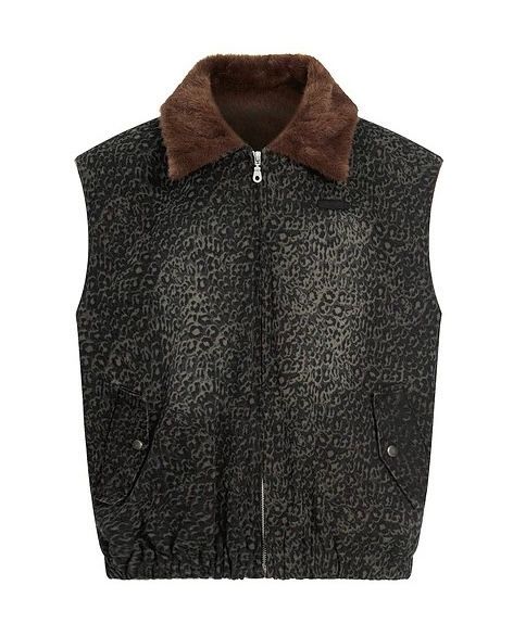 ♥ h アメリカンハイストリート レオパード襟 × ヴィンテージ風プリント ボア中綿ベスト 男女兼用 | 冬用 | 厚手 | ふわもこ裏地