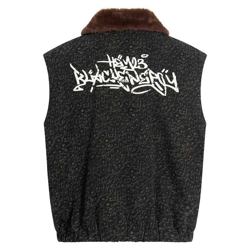 ♥ h アメリカンハイストリート レオパード襟 × ヴィンテージ風プリント ボア中綿ベスト 男女兼用 | 冬用 | 厚手 | ふわもこ裏地