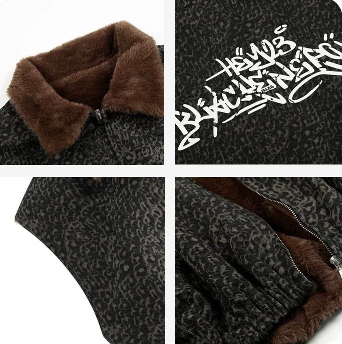 ♥ h アメリカンハイストリート レオパード襟 × ヴィンテージ風プリント ボア中綿ベスト 男女兼用 | 冬用 | 厚手 | ふわもこ裏地 WWW_KARIMZIABAT_FR