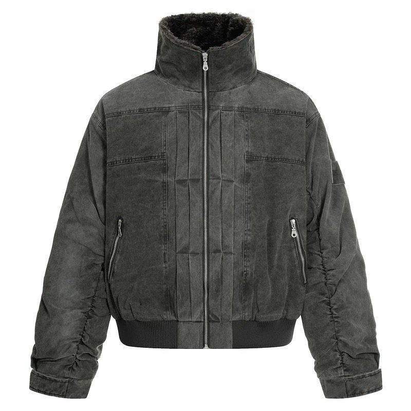 ♥ h アメリカンヴィンテージ風 バイカーライク スタンドカラー デニム中綿ジャケット 男女兼用 | 冬用 | 厚手 | 短丈シルエット