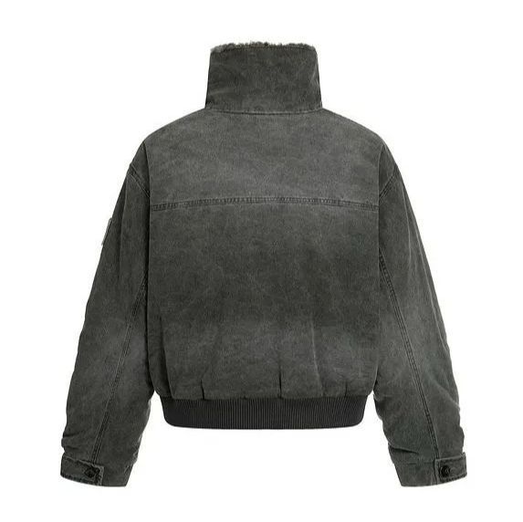 ♥ h アメリカンヴィンテージ風 バイカーライク スタンドカラー デニム中綿ジャケット 男女兼用 | 冬用 | 厚手 | 短丈シルエット