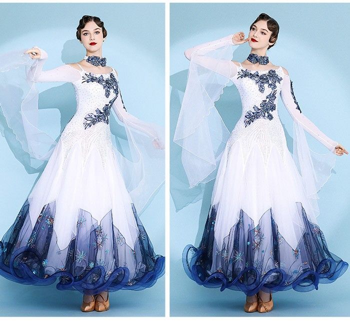 社交ダンスドレス フロート 上品 社交ダンス ドレス 社交ダンス衣装 ワンピース 長袖 広がる裾 花柄 豪? レッスン着 発表会 競技着 練習着 演出用 スタンダード ワルツ ドレス ロング丈 オールシーズン ホワイト